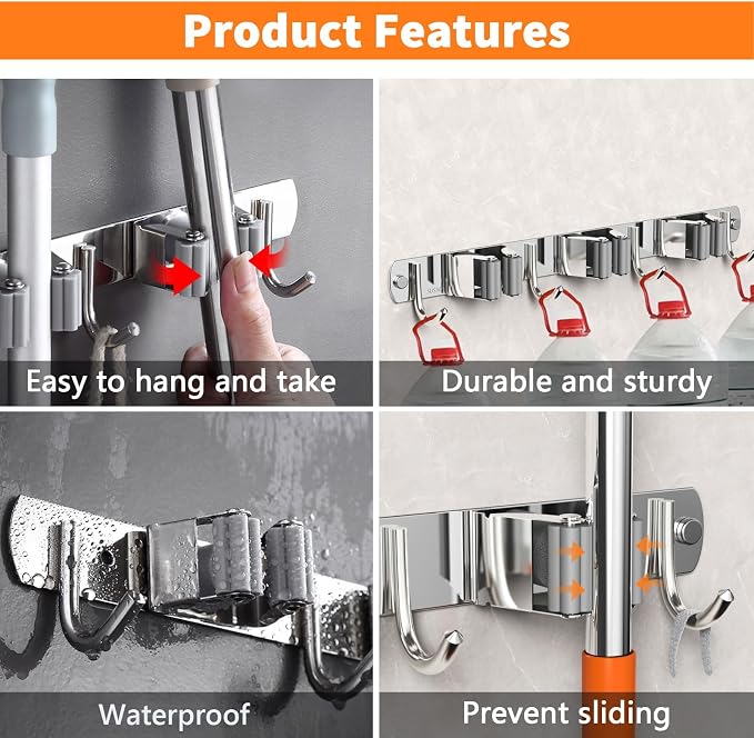 2 Pack Mop and Broom Holder Wall Mount, Non-slip Broom Hanger, Heavy Duty Mop - Image 5