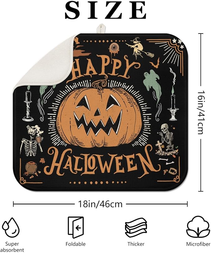 Halloween Dish Drying Mat for Kitchen Counter, Vintage Halloween Pumpkin Skull - Image 2