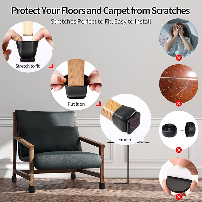 Ezprotekt 24 Pcs Square Silicone Chair Leg Floor Protectors, Felt Furniture - Image 5