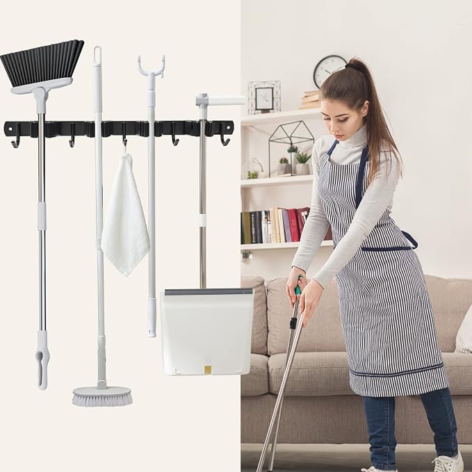 Mop and Broom Holder Wall Mount 4 Racks and 5 Hooks Broom Organizer Storage - Image 7
