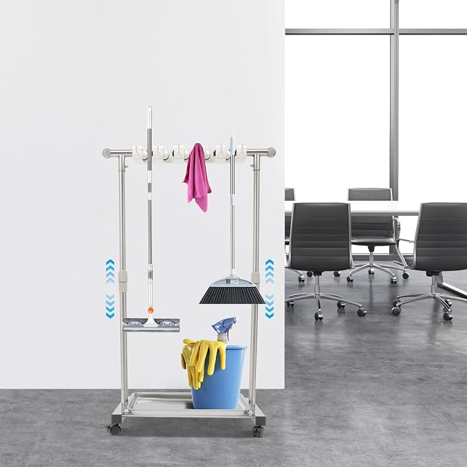 Broom Holder, Broom Rack Mop Rack Stand Cart, Stainless Steel Movable Floor - Image 3