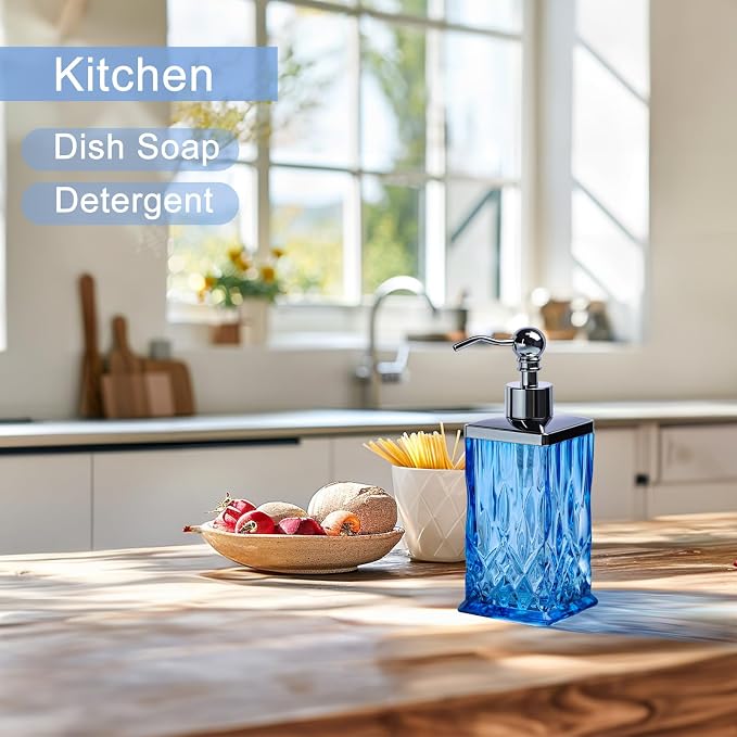 10Oz Diamond Grid Pattern Blue Glass Soap Dispenser - Image 6