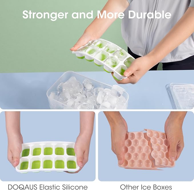 DOQAUS Ice Cube Tray with Lid and Bin, 4 Pack Silicone Plastic Ice Cubes Trays - Image 6