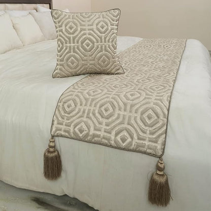 The HomeCentric King/Queen/Twin Beige Designer Twin 53"x18" Bed Runner with 2 Pillow Cover, Textured Bed Scarf on Silk Fabric - Hexagonal Norma