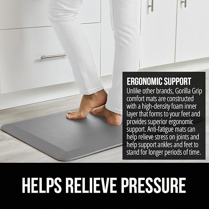 GORILLA GRIP Comfortable Cushioned Kitchen Mats for Floor, Waterproof and Stain Resistant Soft Top, 3/4 Inch Thick Ergonomic Standing Desk Anti Fatigue Mat, Foam Supports Ankles and Feet, 20x32, Grey