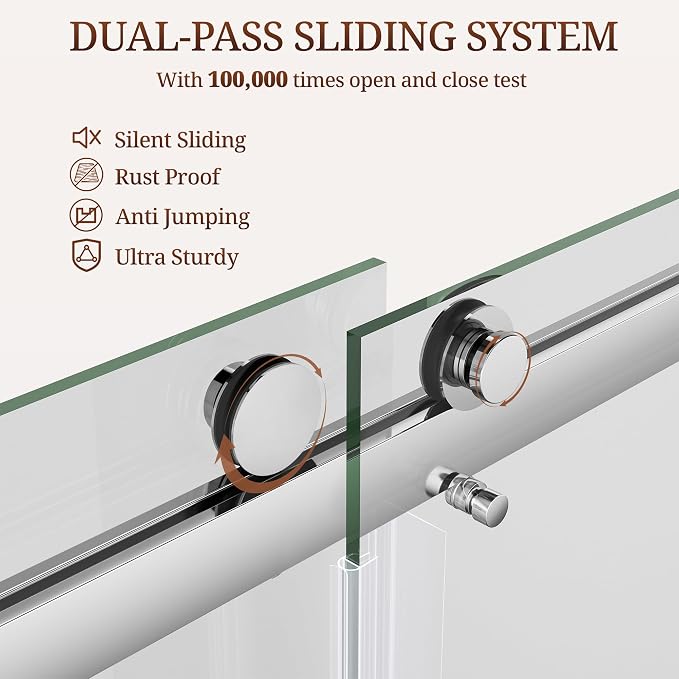 56-61" W x 76" H Frameless Shower Door, Double Sliding Glass Shower Door - Image 5