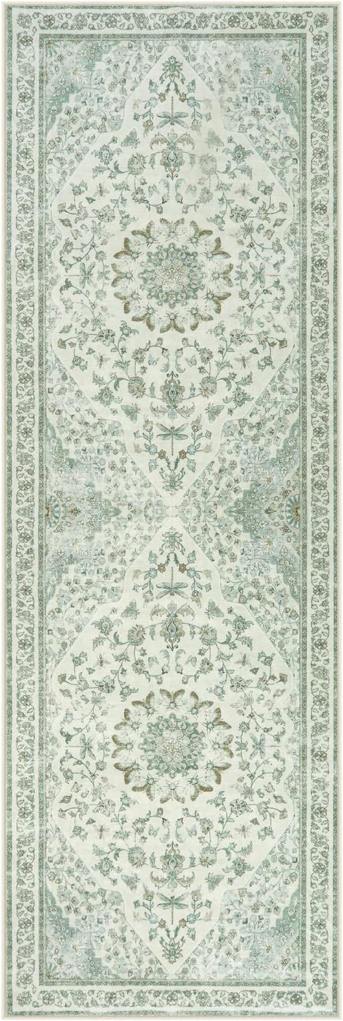 Moynesa Vintage Washable Green Runner Rug for Hallway 2x6, Retro Farmhouse Runner for Entryway Kitchen Bathroom Bedroom, Low Pile Soft Non-Slip Accent Carpets for Indoor Nursery