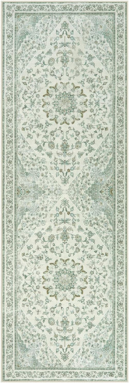 Moynesa Vintage Washable Green Runner Rug for Hallway 2x6, Retro Farmhouse Runner for Entryway Kitchen Bathroom Bedroom, Low Pile Soft Non-Slip Accent Carpets for Indoor Nursery