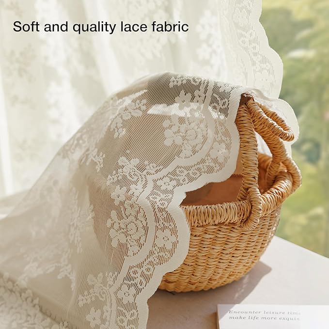 Anmao Vintage Lace Curtains 72 Inches Long 2 Panels Set, Romantic Elegant Light Filtering Semi Sheer Floral Thick Lacy Curtain Drapes for Living Room and Bedroom, Each Panel 55W x 72L, Ivory