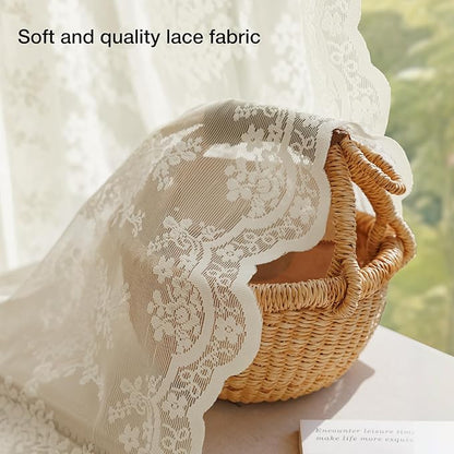 Anmao Vintage Lace Curtains 72 Inches Long 2 Panels Set, Romantic Elegant Light Filtering Semi Sheer Floral Thick Lacy Curtain Drapes for Living Room and Bedroom, Each Panel 55W x 72L, Ivory