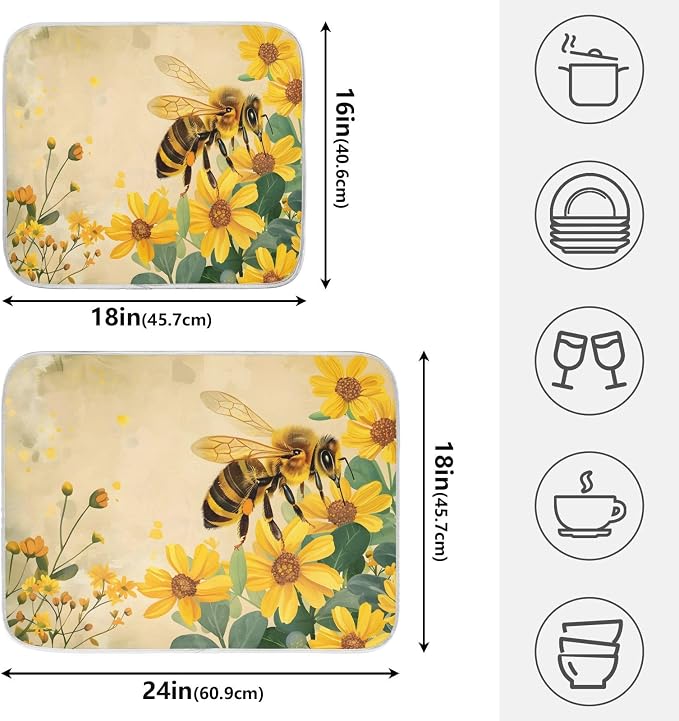 Honey Bee Dish Drying Mat for Kitchen Counter Absorbent Microfiber Small Drying - Image 2