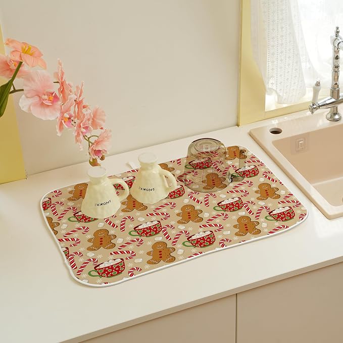 Christmas Dish Drying Mat 18x24 Inch Winter Brown Gingerbread Man Dish Drainer - Image 4