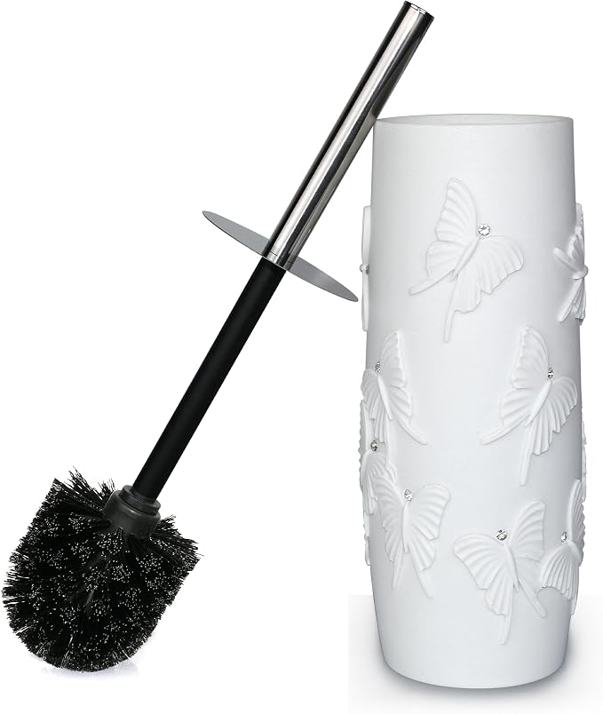 White Butterfly with Rhinestone Design Resin Toilet Holder and Brush Set by IndecorHome