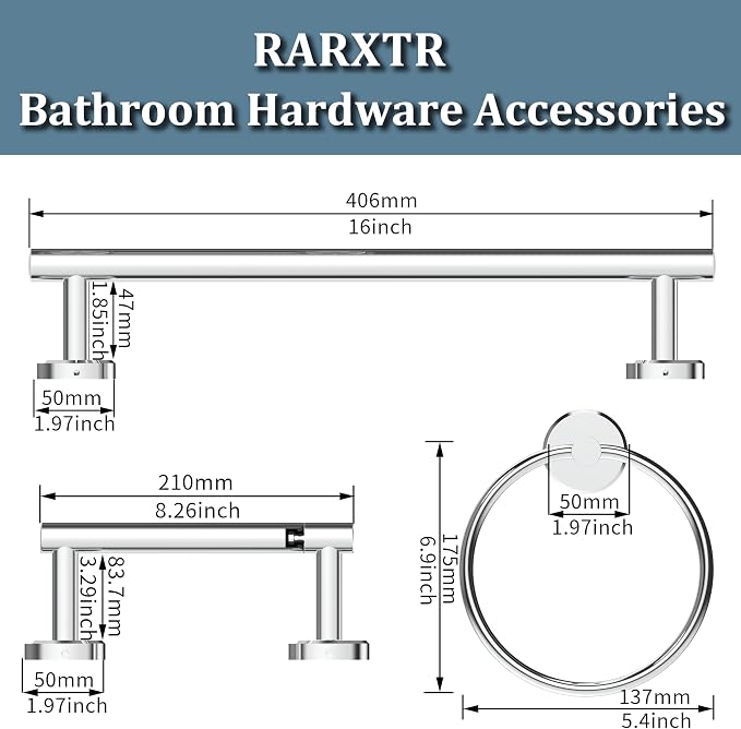 3pc Bathroom Hardware Set with Polished Toilet Paper Holder, Towel Ring - Image 6