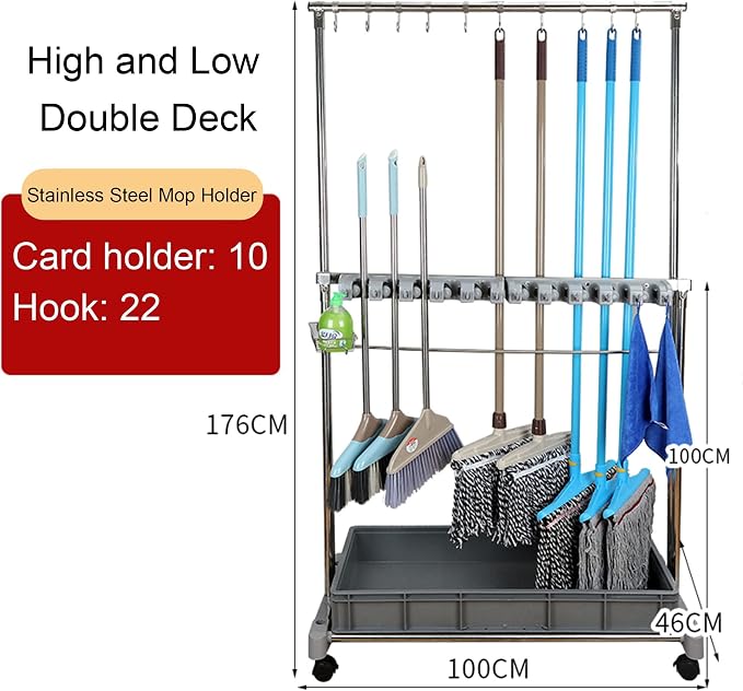 Movable Commercial Mop Rack, Floor Standing Cleaning Tool Cart Storage - Image 2