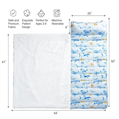 david's kids Toddler Nap Mat with Removable Pillow and Minky Fleece Blanket, Ultra Soft Slumber Bags for Boys, Perfect for Preschool, Daycare, Kids Sleeping Bags with Rollup Design, 50"x20", Whale