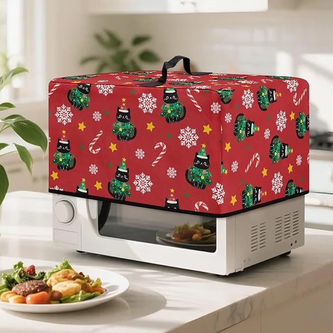 Microwave Ovens Dust Cover, Christmas Cat Polyester Waterproof Countertop Microwave Dust Cover Dustproof Tear-Resistant for Most Standard Sizes Easy to Clean