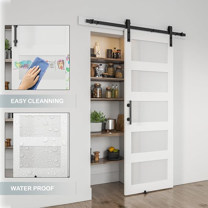 30'' x 80'' Glass Barn Door and 5 Ft Hardware Kit Included, MDF White Barn Door - Image 5