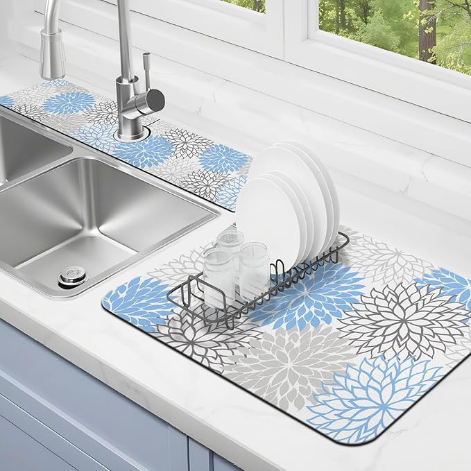 Dish Drying Mat for Kitchen Counter Matt, Super Absorbent Non-slip Rubber Backed by Kuyig+Home