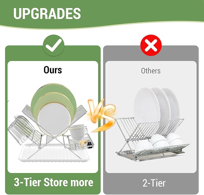 Dish Rack with Drip Tray, Stainless Steel 3-Tier Collapsible Drainer Dish - Image 6