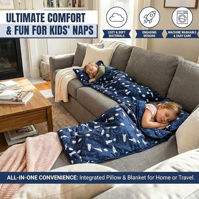 Toddler Nap Mat with Removable Pillow and Blanket (21" x 48") - Soft Sleep Mats for Kids, Daycare, Preschool, Travel - Machine Washable Roll Up Sleeping Bag - Nap Mat by Zunee