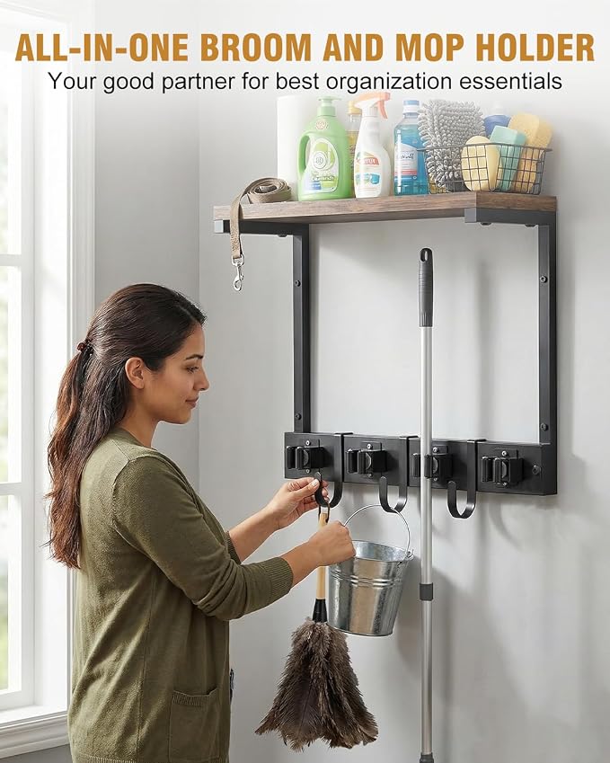 Broom Holder Wall Mount with Top Wooden Shelf, Heavy Duty Metal Cleaning - Image 2