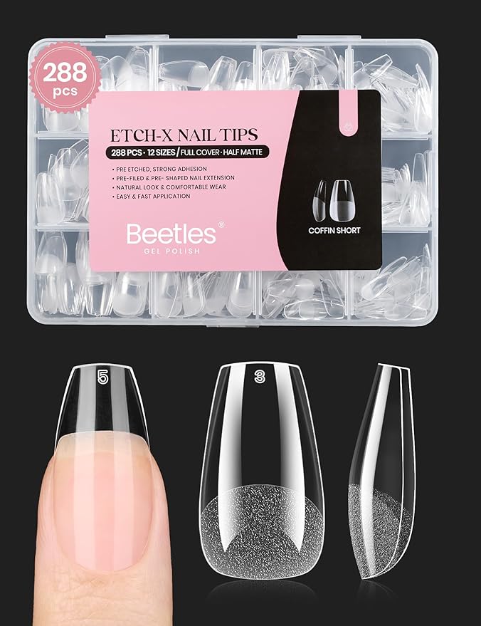 Beetles Gel Nail Tips Short Coffin Pre-Etched Nail Tips, 12 Sizes 288 Pcs Full by beetlesGelPolish