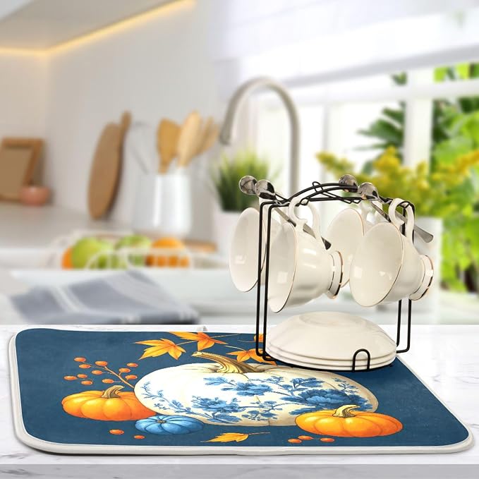 Pumpkin Porcelain Blue White Dish Drying Mat - Image 5