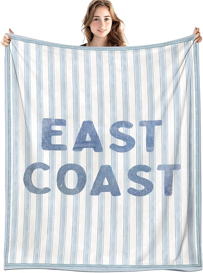 Blue Coastal Beach Blanket, East Coast Preppy Beach Striped Throw Blankets for Home Bedroom Dorm Couch Bed Decor, Beachy Room Decor Aesthetic, Coastal Granddaughter Room Decor, 50x60 Inch