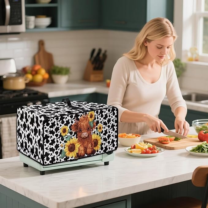 Microwave Oven Cover with Storage Pockets Waterproof Toaster Oven Dust Cover Universal Kitchen Appliance Protector, Cartoon Highland Cattle Sunflower Cow Print, L