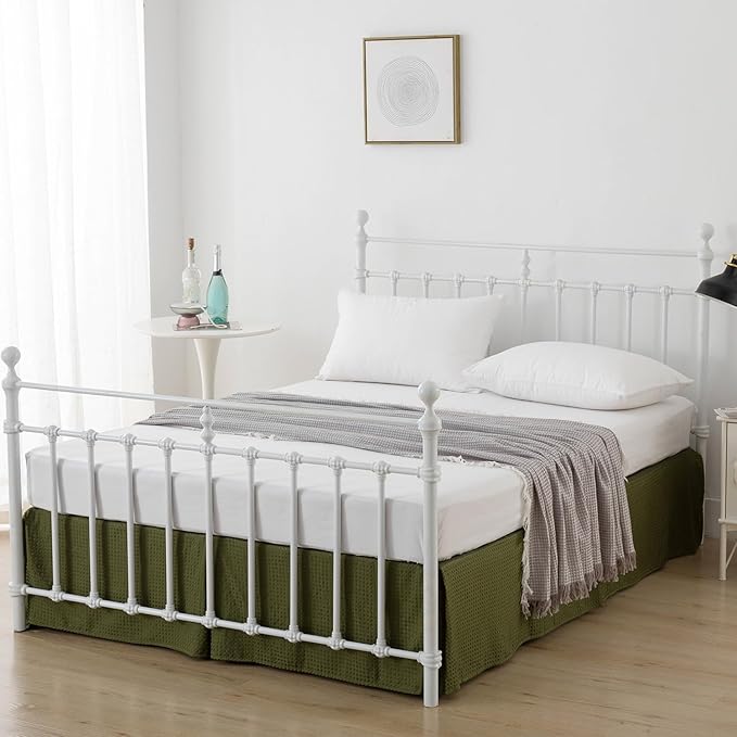 Full Bed Skirt - Full Size Bed Skirt 14 Inch Drop with Split Corners, Pleated Waffle Weave Bed Skirt, Tailored Dust Easy Fit, Machine Washable (Green, Full - 14" Drop)