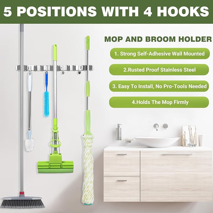 Broom Holder Wall Mount, Broom Organizer Wall Mount Stainless Steel Broom and - Image 2