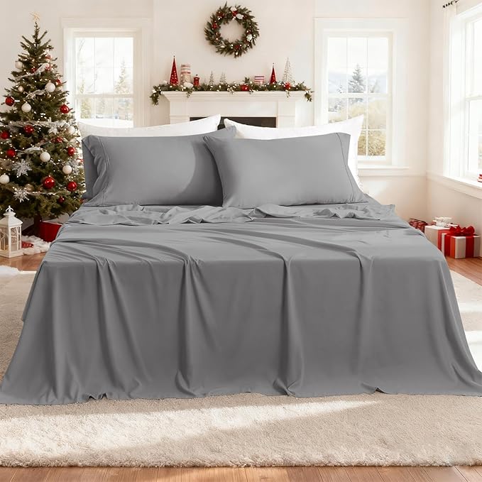 King Sheet Set - 4 Piece Silky Ultra Soft Breathable Bed Sheet Set, 16" Deep Pocket for Mattress, Hotel Luxury King Size Sheets & Wrinkle Free,Easy Care Cooling Bedding Sheets,Light Grey