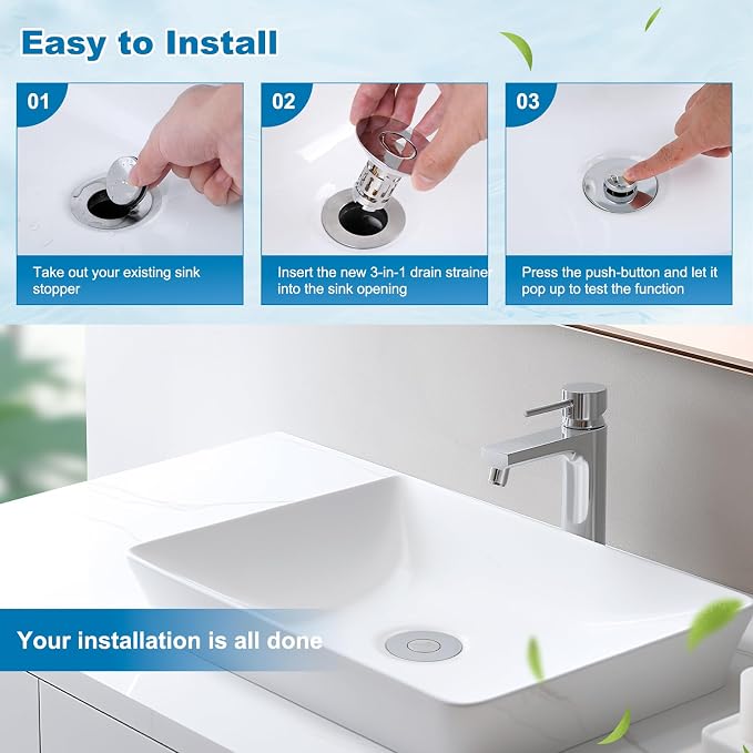 Hibbent 2 Pack Universal Bathroom Sink Drain Strainer, 3 in 1 Pop Up Stopper - Image 9