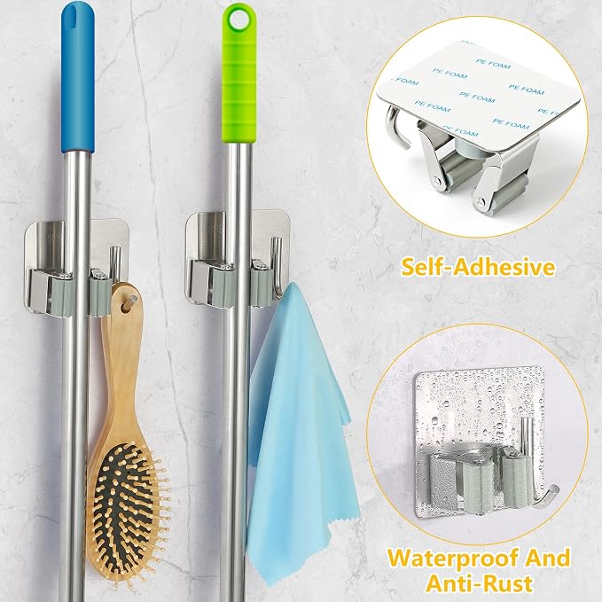 Stainless Steel Broom Holder, Self-Adhesive, 4 Gripper Positions, 4 Hooks - Image 4