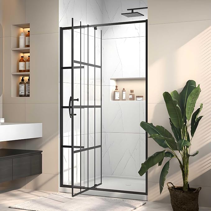 38-42" W x 71" H Pivot Glass Shower Door, Grid Pattern, 1/4" Thick SGCC by Unknown