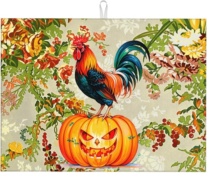 Rooster Pumpkin Dish Drying Mat Highly Absorbent Double-Sided Microfiber by Ovitssrk