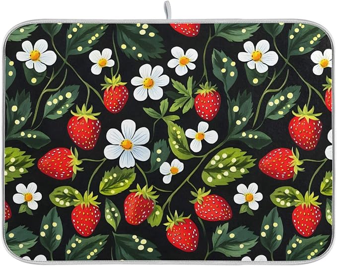 Strawberries White Flowers Dish Drying Mat by BOENLE-WELCOMEYOURCOMING