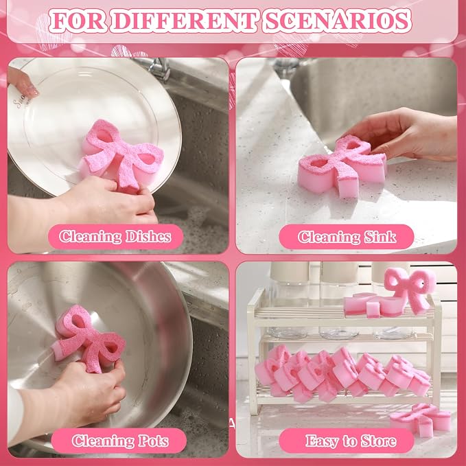 Tioncy 12 Pack Pink Bow Kitchen Sponges Bulk Pink Coquette Dual Sided - Image 4