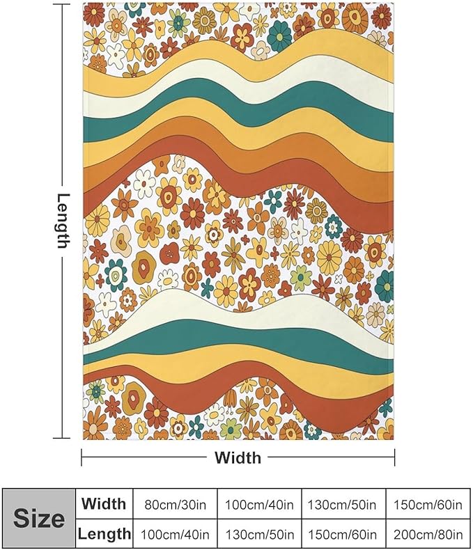 70s Retro Floral Throw Blanket, Boho Groovy Wavy Geometric Hippie Cute Flowers Yellow Orange Abstract Print Blanket for Holiday Theme Home Decor Bedding Couch and Gift 30"x40"