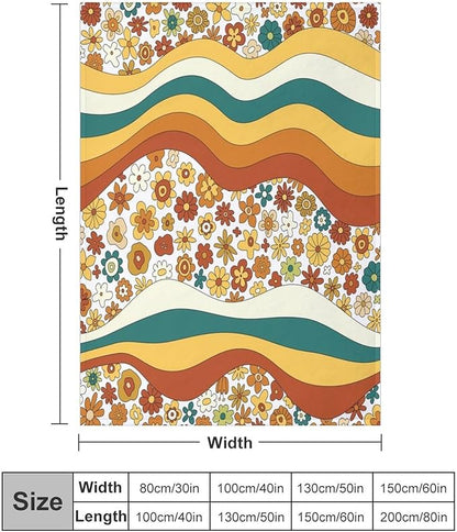 70s Retro Floral Throw Blanket, Boho Groovy Wavy Geometric Hippie Cute Flowers Yellow Orange Abstract Print Blanket for Holiday Theme Home Decor Bedding Couch and Gift 30"x40"