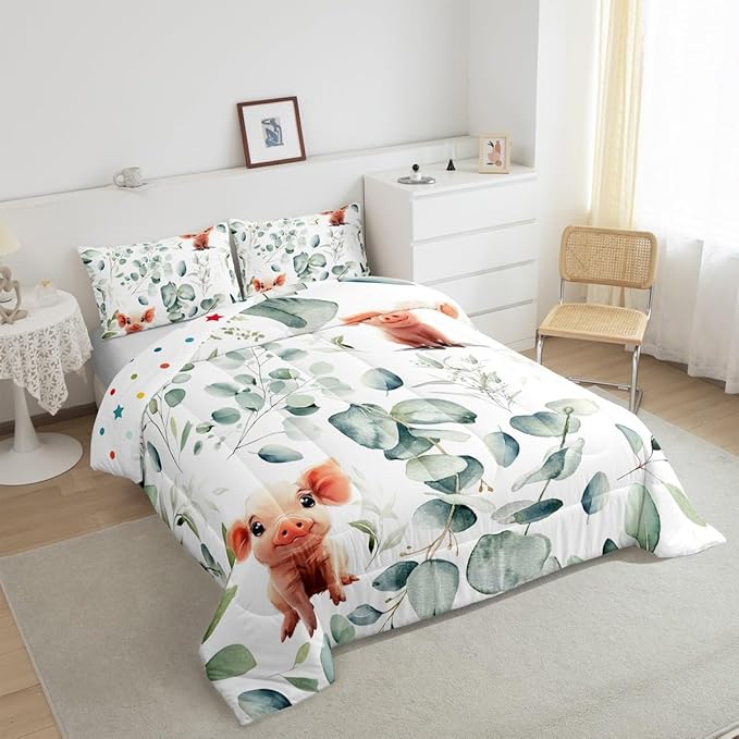 Erosebridal Kawaii Pig Bedding Full Size for Boys Girls Cartoon Animal Comforter Set Full, Eucalyptus Leaves Duvet Insert Farm Wildlife Quilt Comforter, Tropical Plants Bedding Comforters & Sets