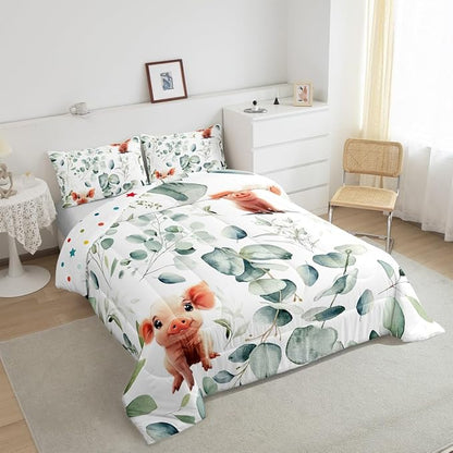 Erosebridal Kawaii Pig Bedding Full Size for Boys Girls Cartoon Animal Comforter Set Full, Eucalyptus Leaves Duvet Insert Farm Wildlife Quilt Comforter, Tropical Plants Bedding Comforters & Sets