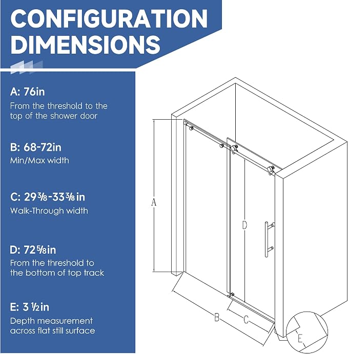 Frameless Sliding Shower Door 72” W x 76” H, 3/8” Tempered Glass, Single Bypass - Image 7