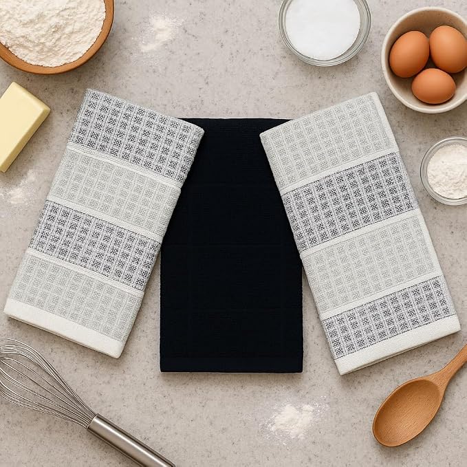 Black Gray Kitchen Dish Towels- Set of 3 100% Cotton Cloth Soft Cleaning Drying - Image 4