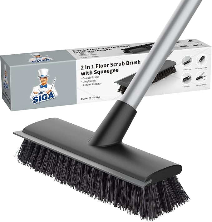 MR.SIGA Floor Scrub Brush with Long Handle, 2 in 1 Scrubber and Squeegee by MRSIGA