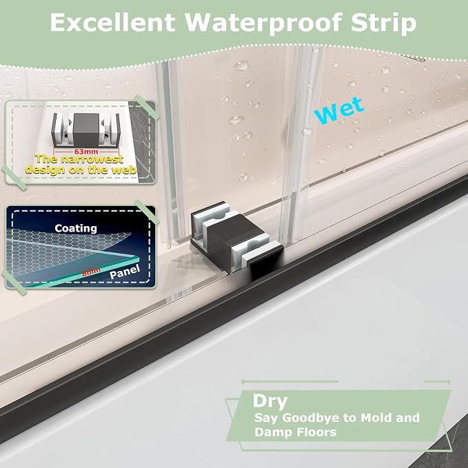 54"-60" W x 60" H Frameless Bathtub Shower Door, Double Sliding Shower Door - Image 5
