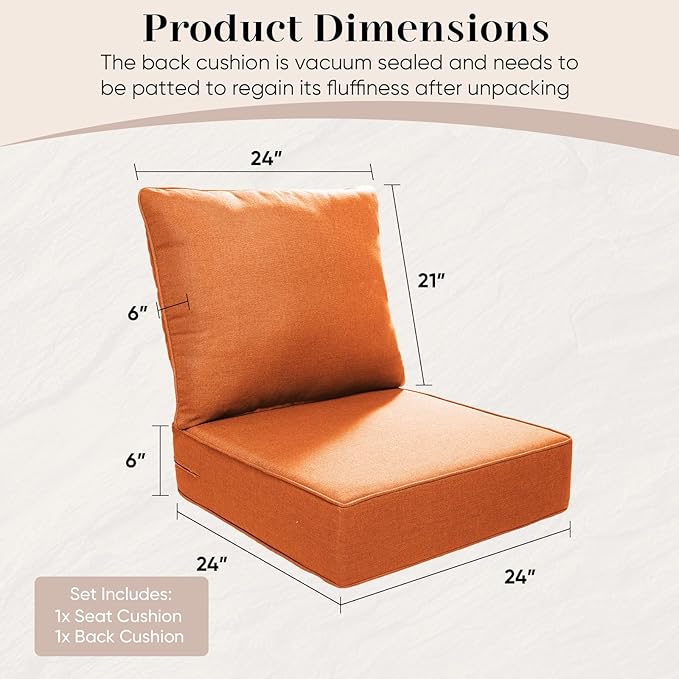 Luxury Outdoor Seat Cushion Set-24 x 24 x 6 Inch Outdoor Chair Cushions Set of 2 with Water Resistant & Removable Cover Outdoor Cushions for Patio Furniture Chair Sofa Couch