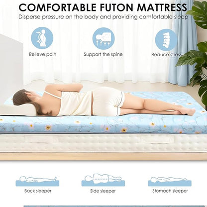 Japanese Floor Mattress, 3.5" Thicken Floral Pattern Portable Futon Mattress, 100% High-Density Foam Tatami Mat Sleeping Pad for Camping Guest Room Dormitory RV, Light Blue, Twin