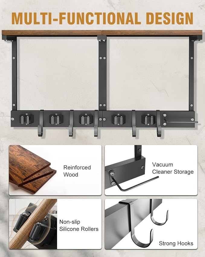 Broom Holder Wall Mount with Top Wooden Shelf, Heavy Duty Metal Cleaning - Image 5